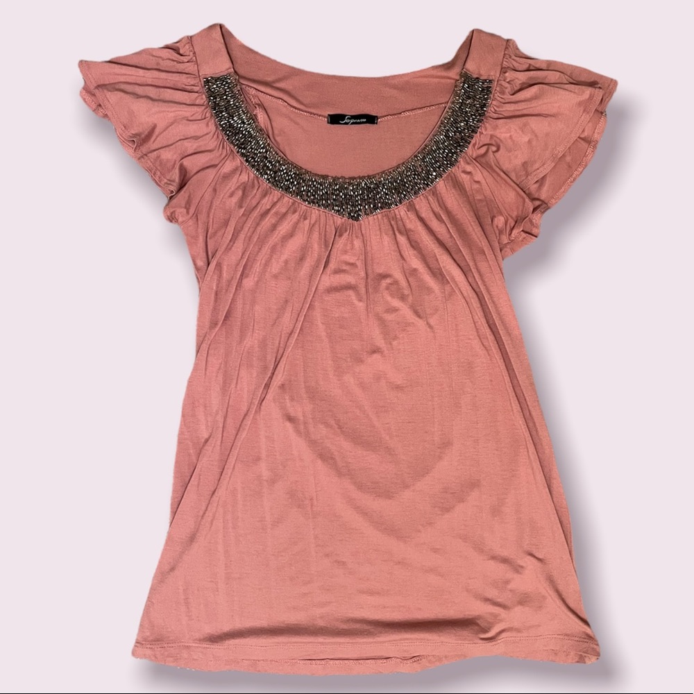 Coral pink top with pretty beaded neckline design